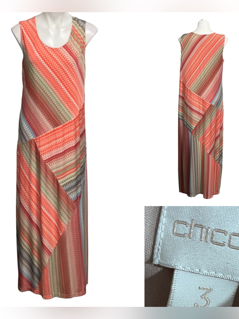 Chico's Maxi Dress sz 3/16-18 Coral Multi Diagonal Stripe‎ sleeveless office